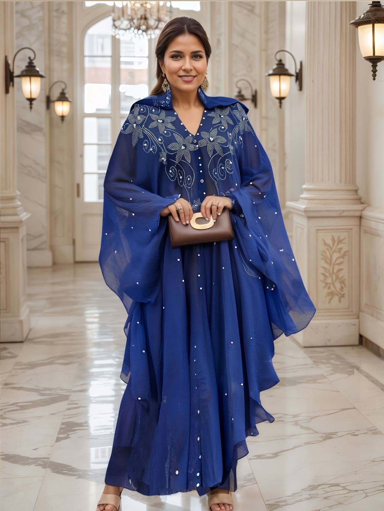 Elegant Blue Embellished Maxi Dress with Geometric Pattern, Loose Fit, Three Quarter Sleeve, Mesh Fabric, Pearls & Rhinestones, Perfect for Spring & Summer Events, Elegant Attire|Geometric Pattern Dress|Mesh Fabric Dress