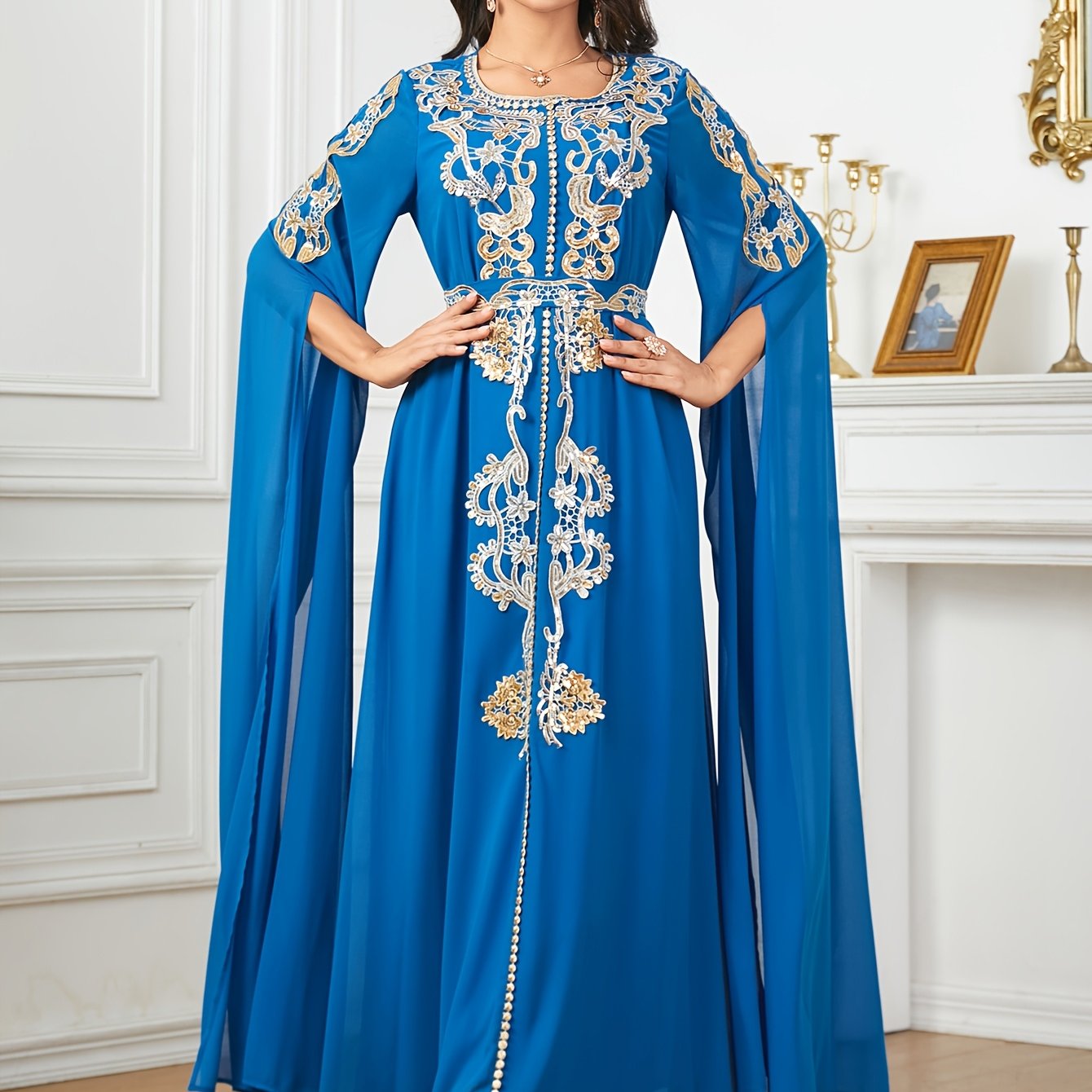 1pc Elegant Middle Eastern Embroidered Long Sleeve Split Cuff Maxi Dress with Waist Belt, 100% Polyester Solid Color, Non-Stretch Fabric, All-Season Woven A-Line Gown