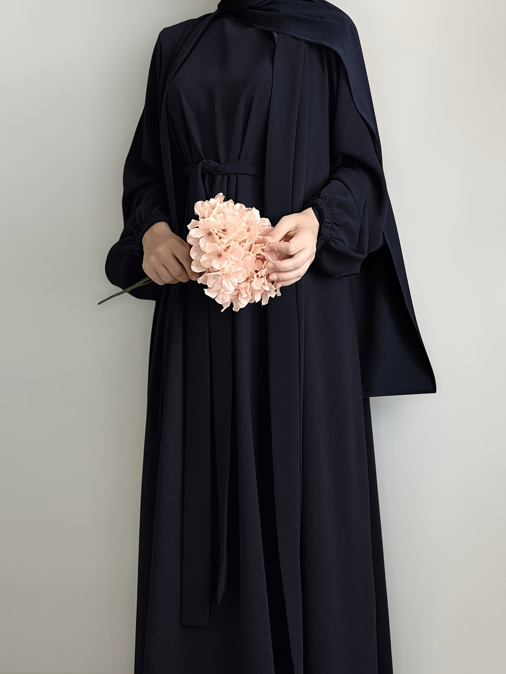 3pcs Traditional Middle Eastern Abaya Dress Set - Long Sleeve, Belted Waist, Solid Color, Non-Stretch Fabric, Spring/Summer/Fall Wear, Includes Cardigan, Dress, and Headscarf, Cultural Attire|Traditional Attire|Belted Waist D