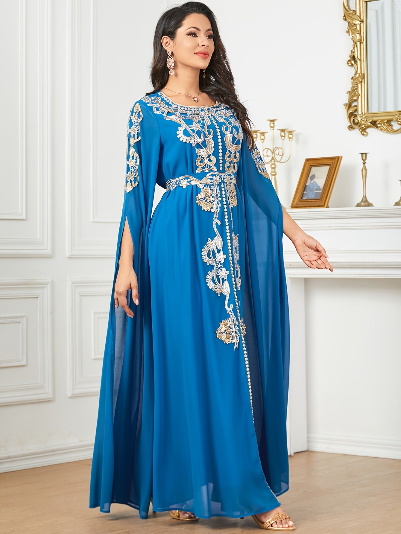 1pc Elegant Middle Eastern Embroidered Long Sleeve Split Cuff Maxi Dress with Waist Belt, 100% Polyester Solid Color, Non-Stretch Fabric, All-Season Woven A-Line Gown