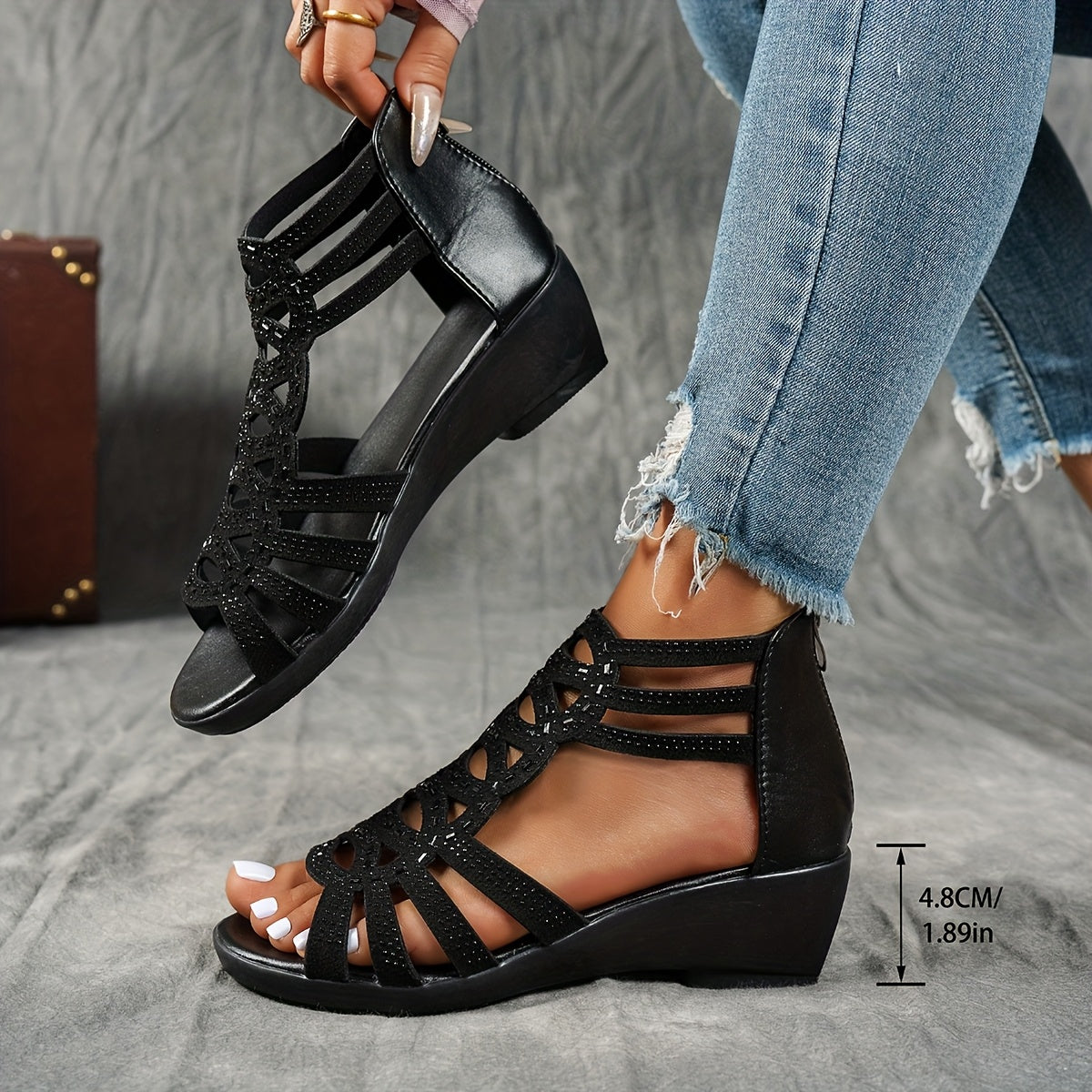 Women's Summer Roman Sandals - Thick Platform Mid-Heel with Adjustable Ankle Strap, Open-Toe Design & Breathable Faux Cover - Black & Burgundy Casual Outdoor Shoes, Chunky Heel Sandals