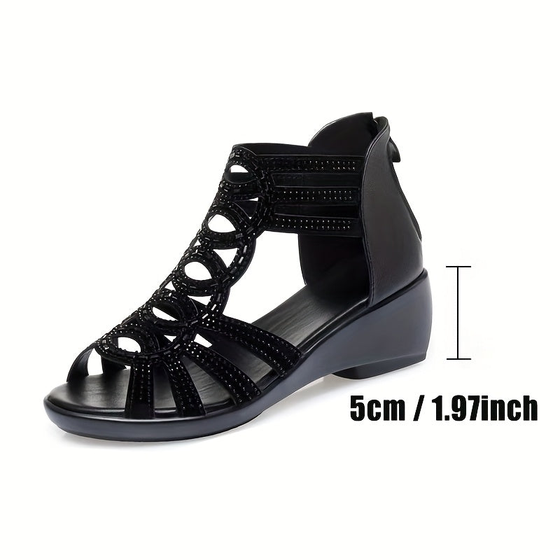 Women's Black Rhinestone Wedge Sandals - Peep Toe, Cut-Out Design, 5cm Heel Lift, Comfortable Non-Slip Sole, Perfect for Summer Outings, Shopping, and Parties