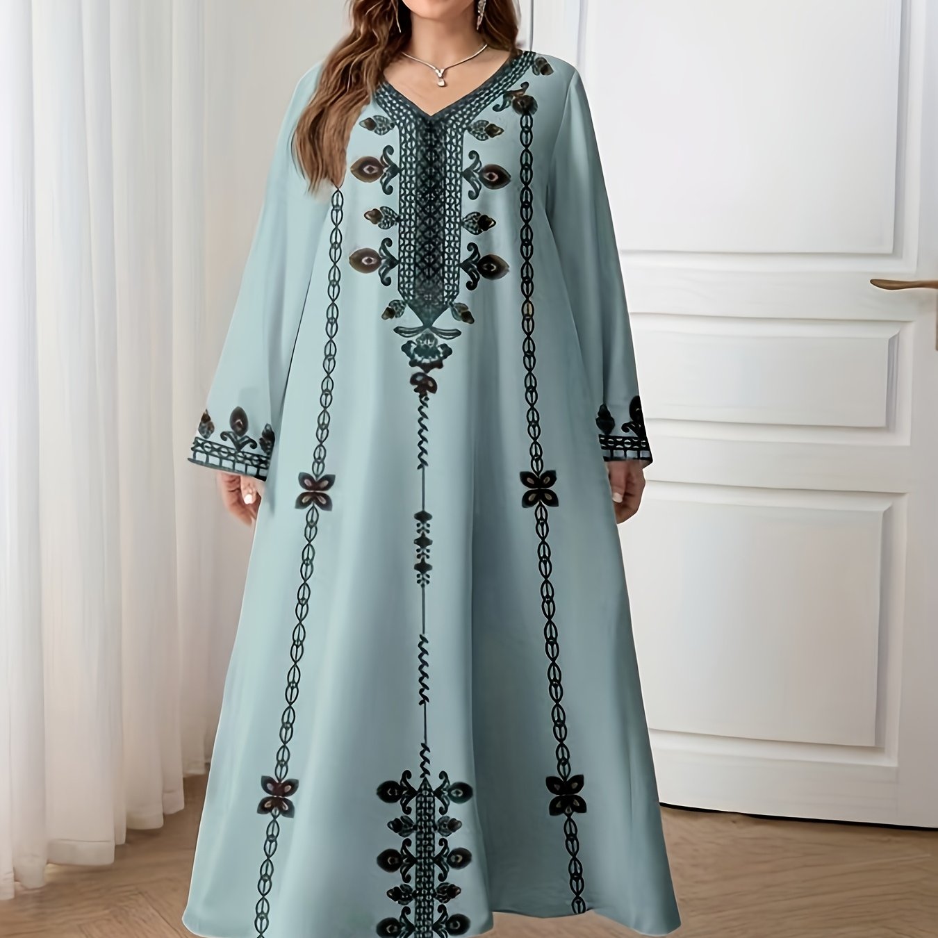 Elegant Plus Size V-Neck Maxi Dress with Intricate Floral Print, Loose Fit Long Sleeve Tunic for Women - All-Season Versatile Wear, Plus Size Dresses