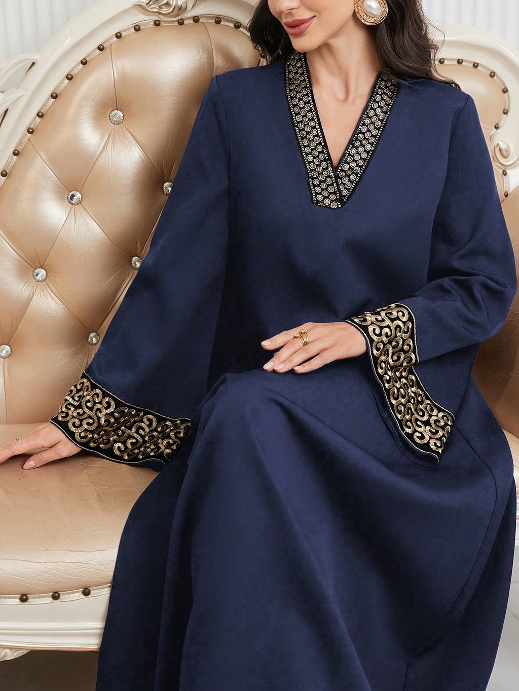 Elegant Black Abaya with Golden Embroidery - V-Neck, Waist-Cinching, Flared Sleeves, Perfect for Weddings, Parties, and Formal Events, Formal Event Attire|Vneck Abaya|Waistcinching Design, Abaya Dress