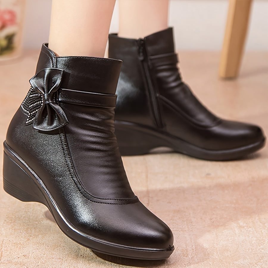 Pmoiste Ankle Boots for Women Bowknot Wedge Heels High Quality Soft Warm Plush Casual Short Boots Winter Zipper Comfy Ladies Bootie