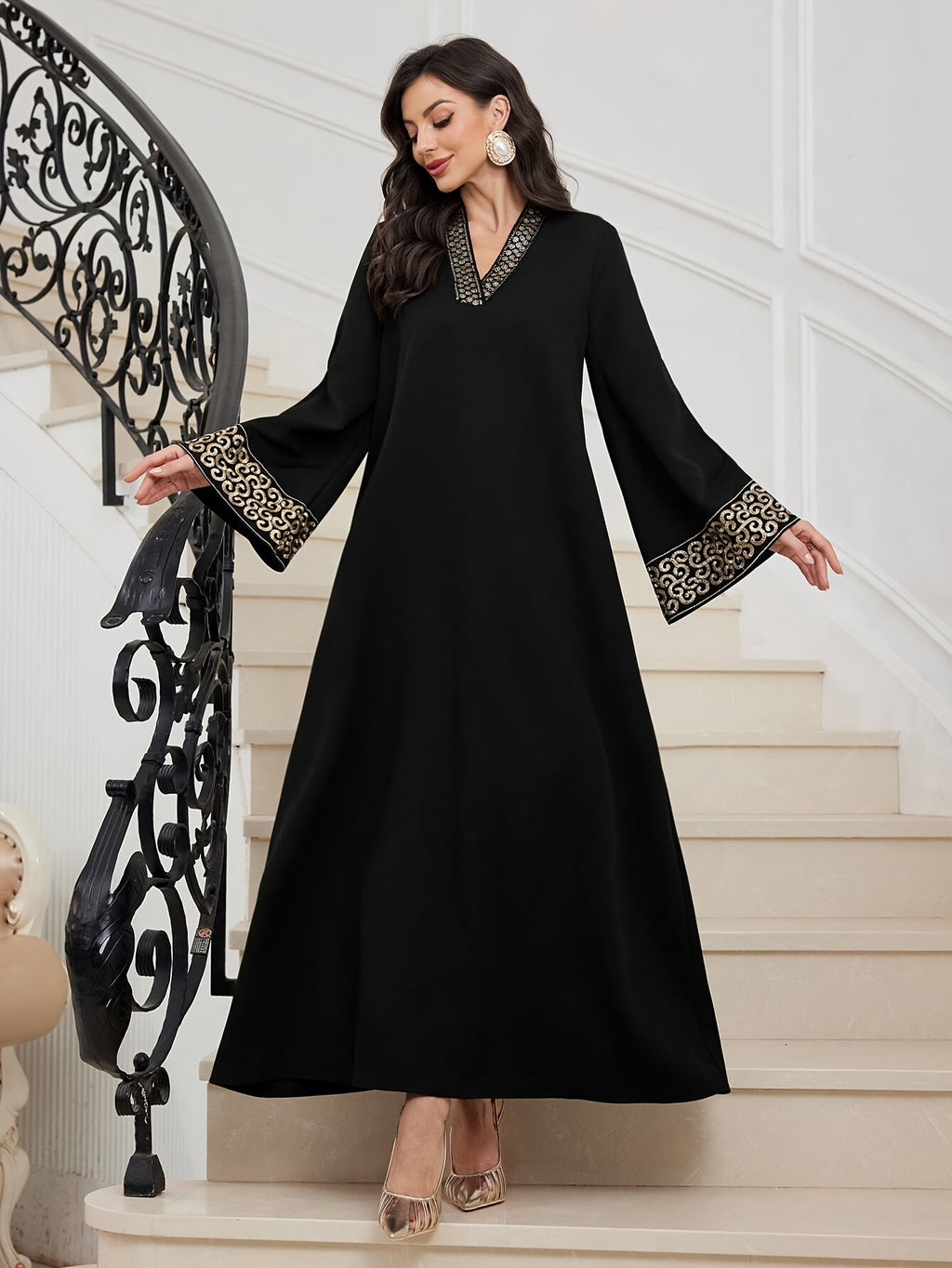 Elegant Black Abaya with Golden Embroidery - V-Neck, Waist-Cinching, Flared Sleeves, Perfect for Weddings, Parties, and Formal Events, Formal Event Attire|Vneck Abaya|Waistcinching Design, Abaya Dress