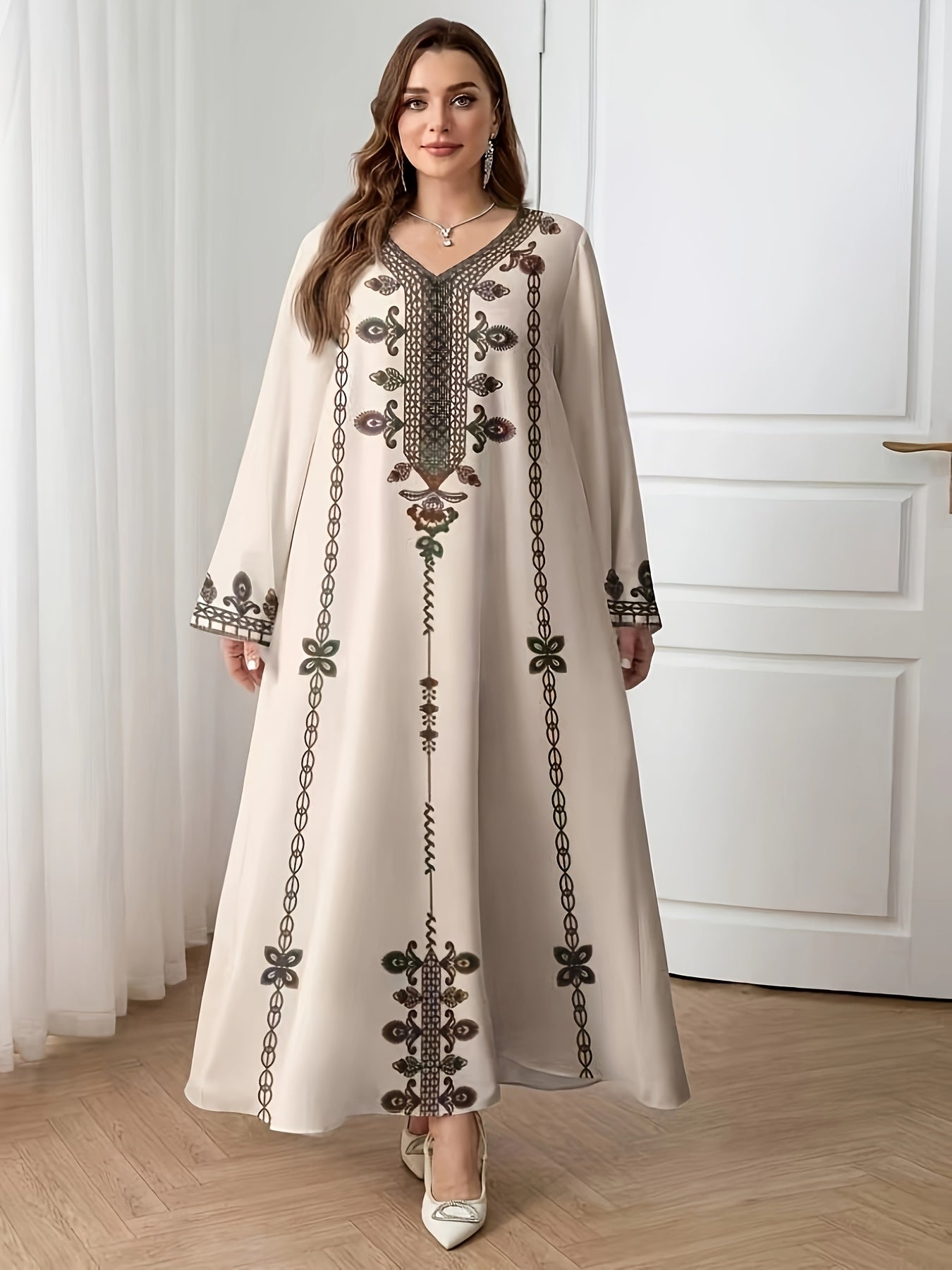 Elegant Plus Size V-Neck Maxi Dress with Intricate Floral Print, Loose Fit Long Sleeve Tunic for Women - All-Season Versatile Wear, Plus Size Dresses