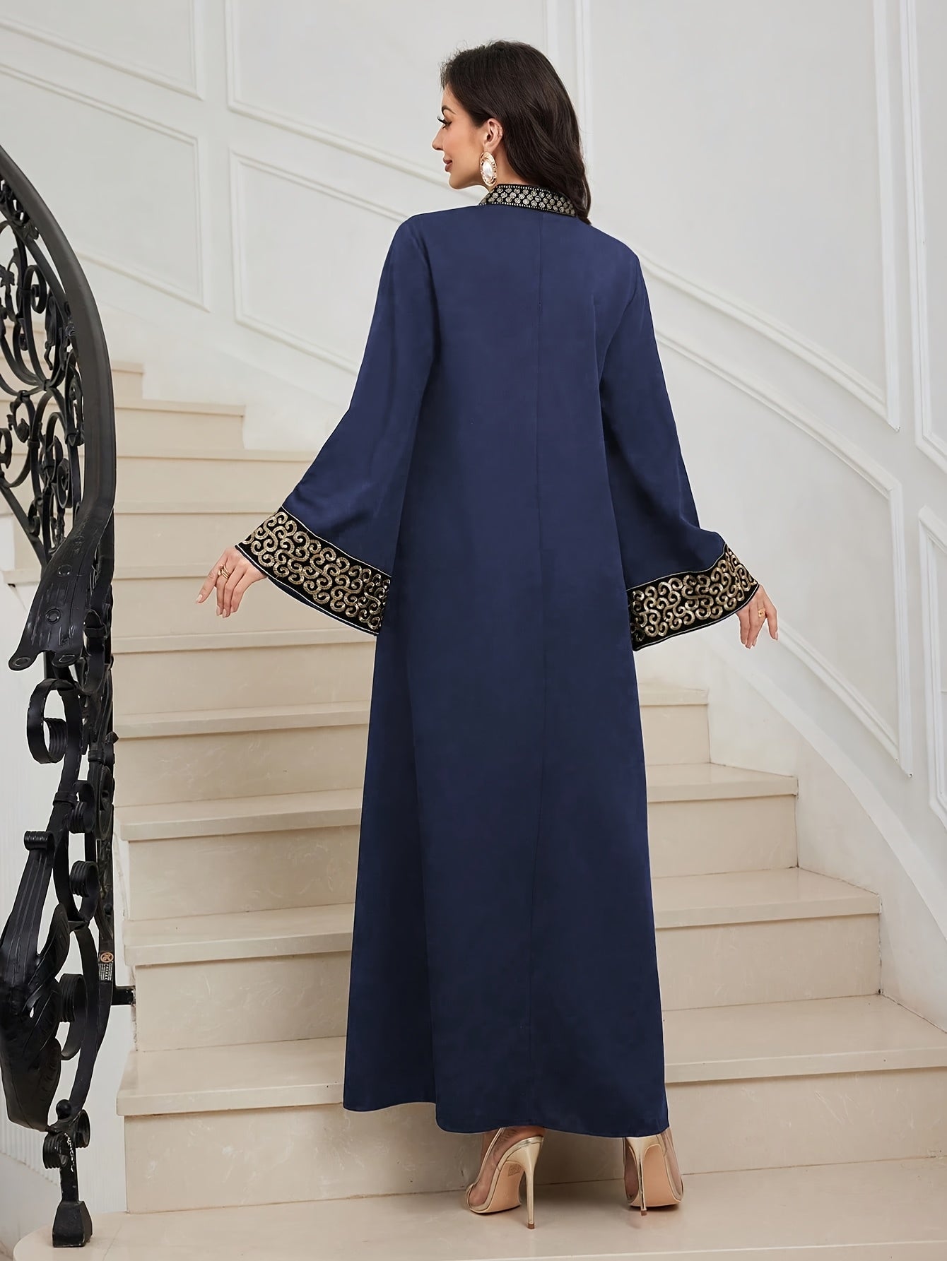 Elegant Black Abaya with Golden Embroidery - V-Neck, Waist-Cinching, Flared Sleeves, Perfect for Weddings, Parties, and Formal Events, Formal Event Attire|Vneck Abaya|Waistcinching Design, Abaya Dress
