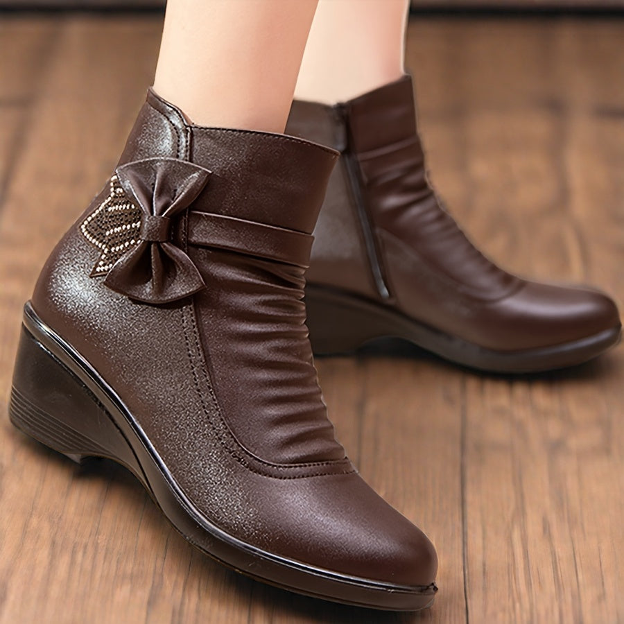Pmoiste Ankle Boots for Women Bowknot Wedge Heels High Quality Soft Warm Plush Casual Short Boots Winter Zipper Comfy Ladies Bootie