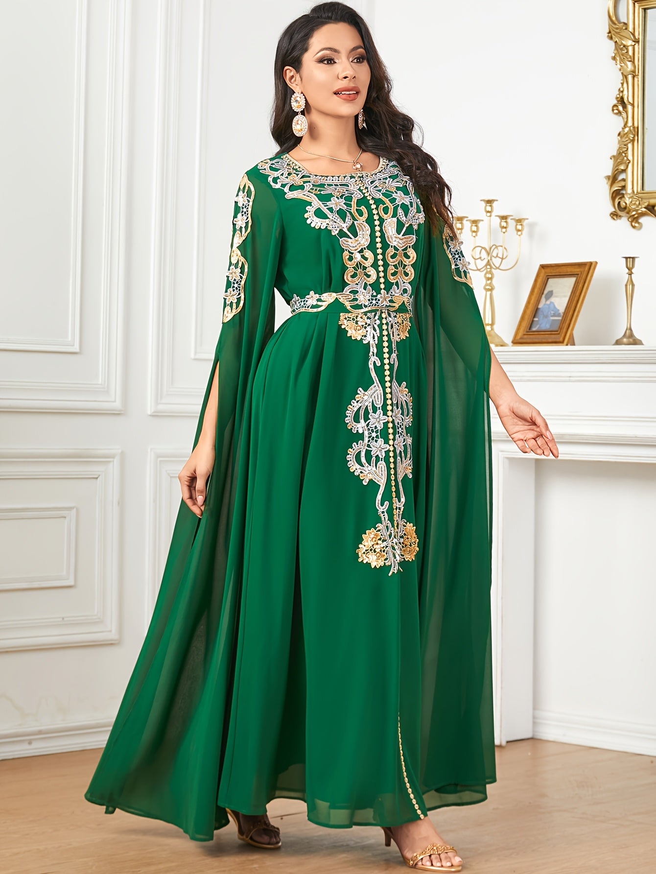 1pc Elegant Middle Eastern Embroidered Long Sleeve Split Cuff Maxi Dress with Waist Belt, 100% Polyester Solid Color, Non-Stretch Fabric, All-Season Woven A-Line Gown