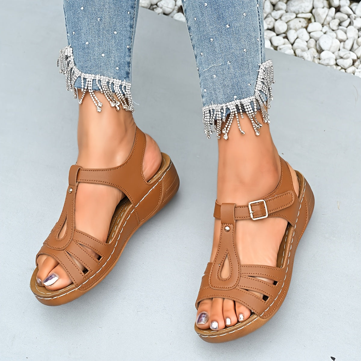 Women's Casual Summer Wedge Sandals - Open Toe, Faux Cover with Buckle Straps, Thick Rubber Sole, Brown, Comfortable for Outdoor Wear, Ladies Sandals