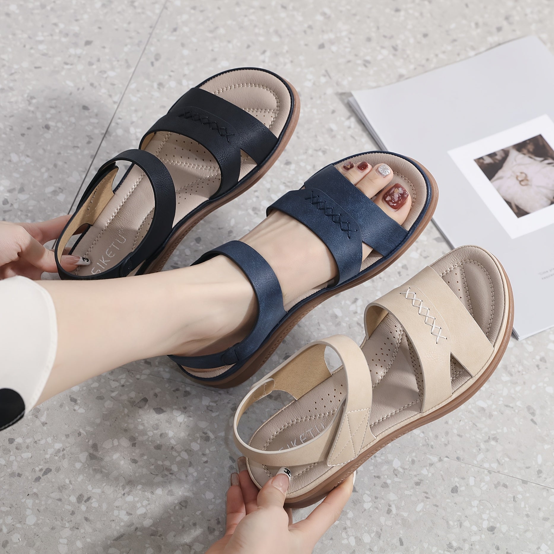 Women'S Summer Casual Slip-On Sandals - Lightweight Non-Slip Low Heel, Open Toe with Adjustable Hook-and-Loop Strap, Synthetic Cover Upper & TPR Sole for Beach, Shopping, Outings, Beach Shoes, Fashionable Footwear, Comfortabl