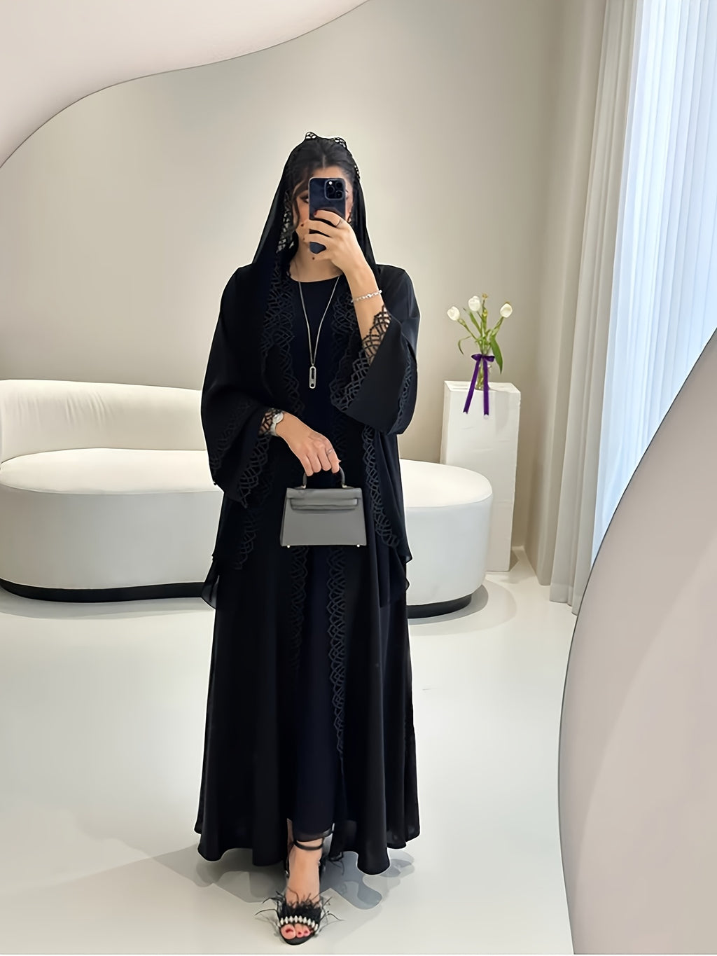 2pcs Elegant Traditional Abaya with Lace Trim and Sleeveless Vest Skirt Set, Headscarf, Long Sleeve, Solid Color, All-Season Wear, No Belt, for Ramadan, Cultural Attire|Elegant Abaya|Lace Trim Abaya, Gulf Abaya For Women Eleg