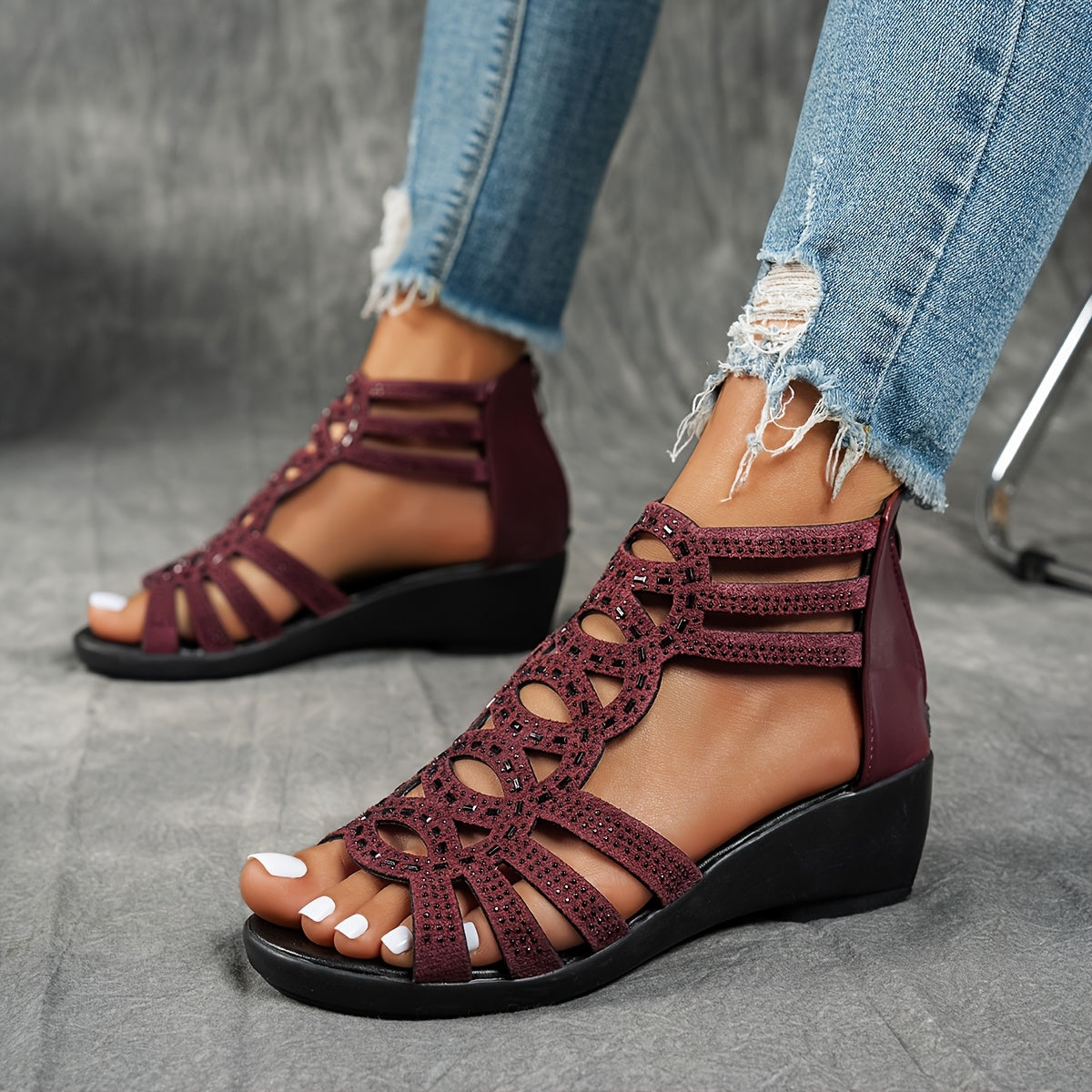 Women's Summer Roman Sandals - Thick Platform Mid-Heel with Adjustable Ankle Strap, Open-Toe Design & Breathable Faux Cover - Black & Burgundy Casual Outdoor Shoes, Chunky Heel Sandals