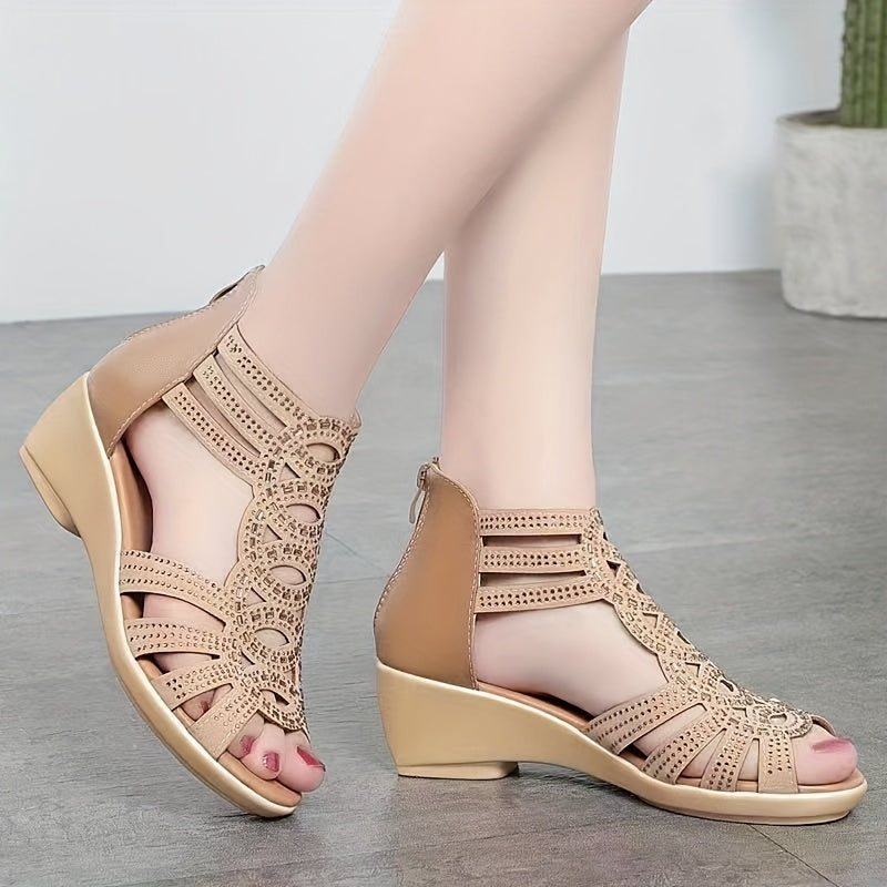 Women's Black Rhinestone Wedge Sandals - Peep Toe, Cut-Out Design, 5cm Heel Lift, Comfortable Non-Slip Sole, Perfect for Summer Outings, Shopping, and Parties