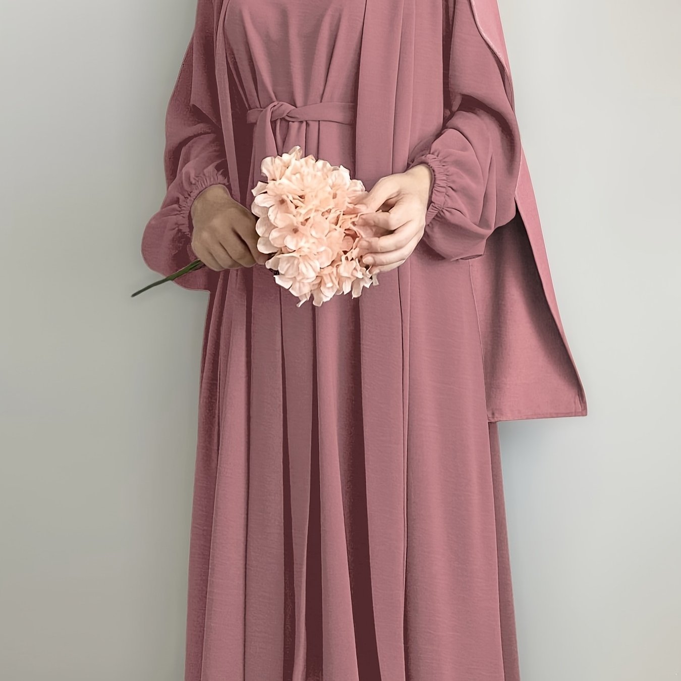 3pcs Traditional Middle Eastern Abaya Dress Set - Long Sleeve, Belted Waist, Solid Color, Non-Stretch Fabric, Spring/Summer/Fall Wear, Includes Cardigan, Dress, and Headscarf, Cultural Attire|Traditional Attire|Belted Waist D