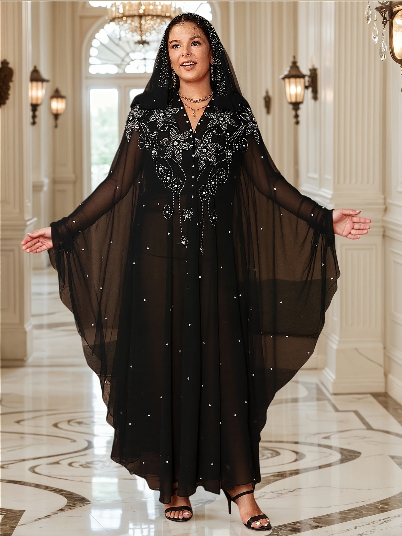 Elegant Blue Embellished Maxi Dress with Geometric Pattern, Loose Fit, Three Quarter Sleeve, Mesh Fabric, Pearls & Rhinestones, Perfect for Spring & Summer Events, Elegant Attire|Geometric Pattern Dress|Mesh Fabric Dress