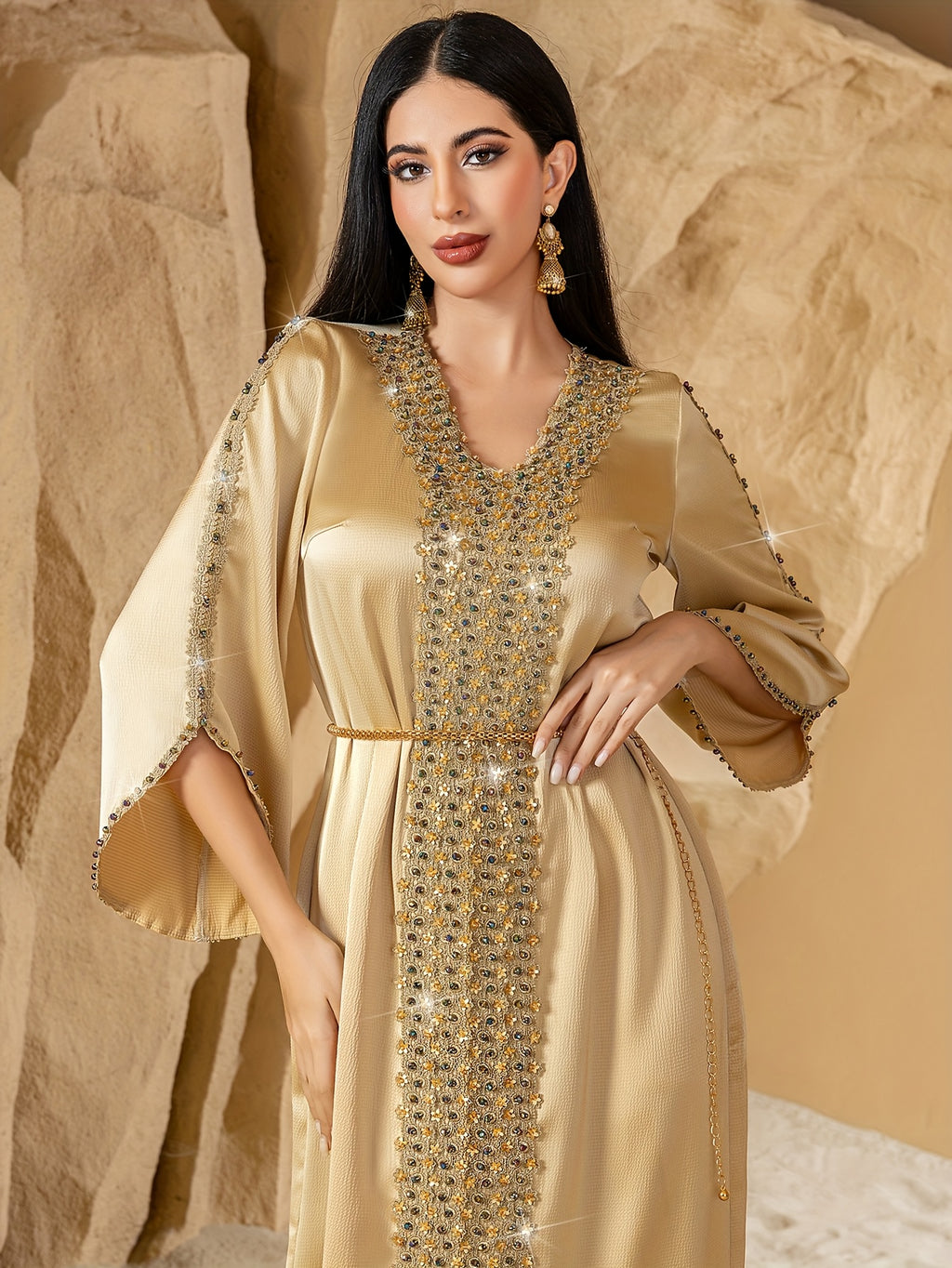 Elegant Beaded V-Neck Maxi Dress for Women - Long Sleeve, Flowing A-Line Silhouette, Golden Beaded Detail, Perfect for Spring/Summer, Adult Fashion, Elegant Attire|Vneck Dress|Flutter Sleeve Design, Cute Dresses