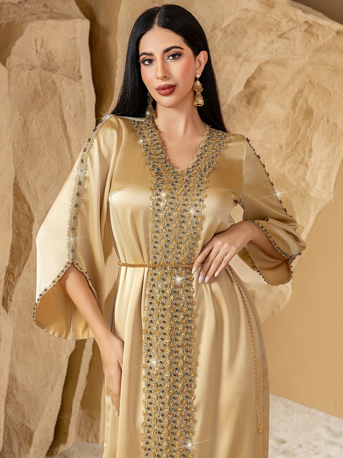 Elegant Beaded V-Neck Maxi Dress for Women - Long Sleeve, Flowing A-Line Silhouette, Golden Beaded Detail, Perfect for Spring/Summer, Adult Fashion, Elegant Attire|Vneck Dress|Flutter Sleeve Design, Cute Dresses