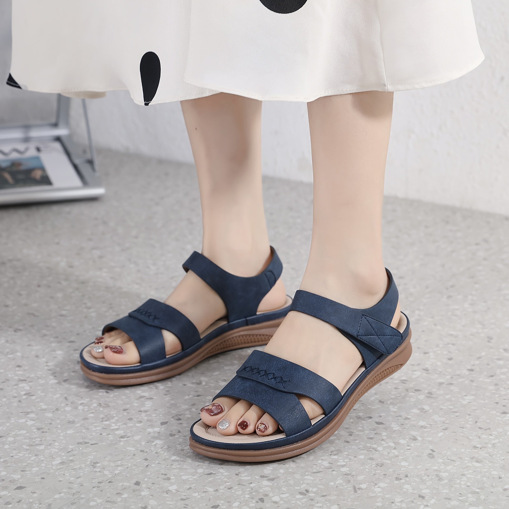 Women'S Summer Casual Slip-On Sandals - Lightweight Non-Slip Low Heel, Open Toe with Adjustable Hook-and-Loop Strap, Synthetic Cover Upper & TPR Sole for Beach, Shopping, Outings, Beach Shoes, Fashionable Footwear, Comfortabl
