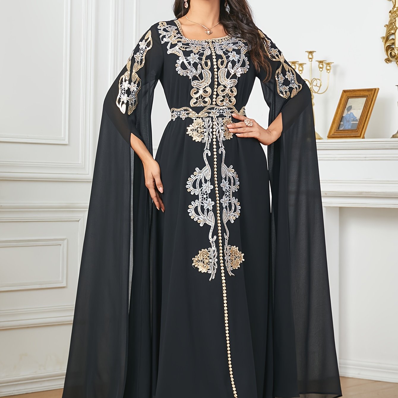 1pc Elegant Middle Eastern Embroidered Long Sleeve Split Cuff Maxi Dress with Waist Belt, 100% Polyester Solid Color, Non-Stretch Fabric, All-Season Woven A-Line Gown