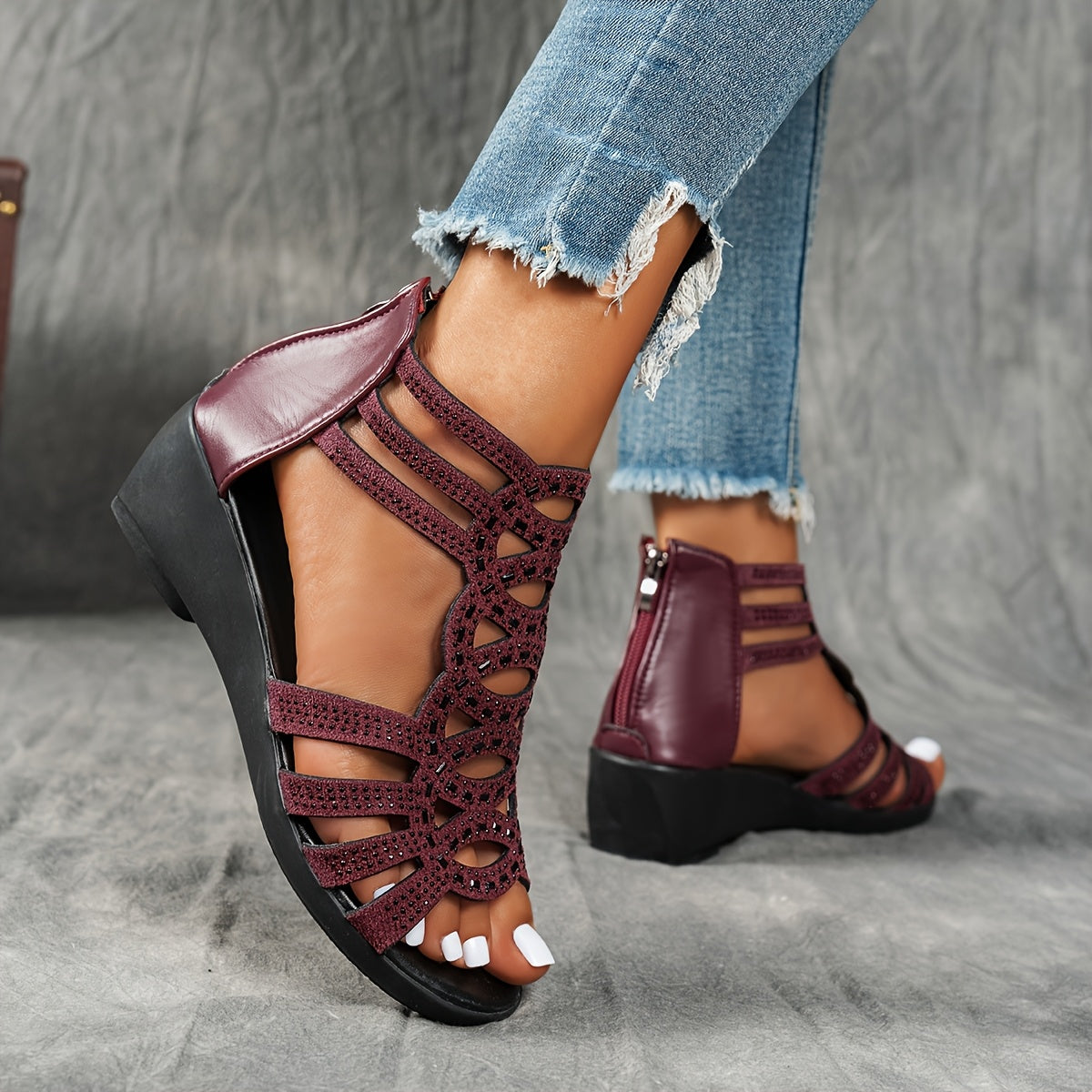 Women's Summer Roman Sandals - Thick Platform Mid-Heel with Adjustable Ankle Strap, Open-Toe Design & Breathable Faux Cover - Black & Burgundy Casual Outdoor Shoes, Chunky Heel Sandals