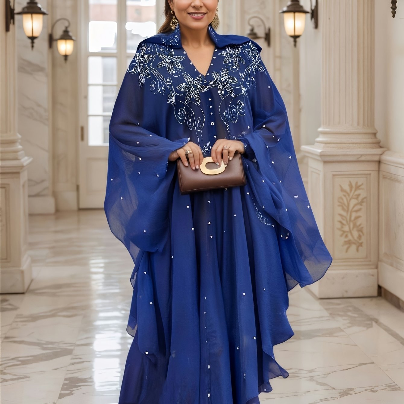 Elegant Blue Embellished Maxi Dress with Geometric Pattern, Loose Fit, Three Quarter Sleeve, Mesh Fabric, Pearls & Rhinestones, Perfect for Spring & Summer Events, Elegant Attire|Geometric Pattern Dress|Mesh Fabric Dress