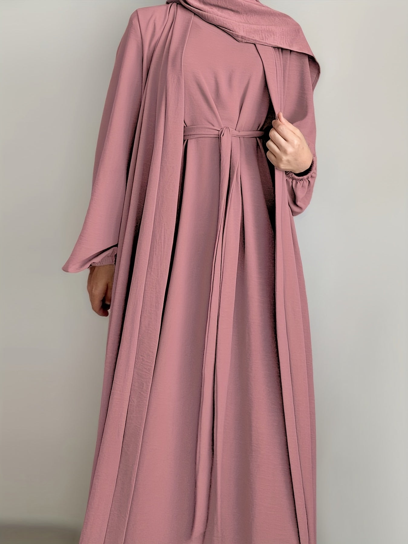 3pcs Traditional Middle Eastern Abaya Dress Set - Long Sleeve, Belted Waist, Solid Color, Non-Stretch Fabric, Spring/Summer/Fall Wear, Includes Cardigan, Dress, and Headscarf, Cultural Attire|Traditional Attire|Belted Waist D