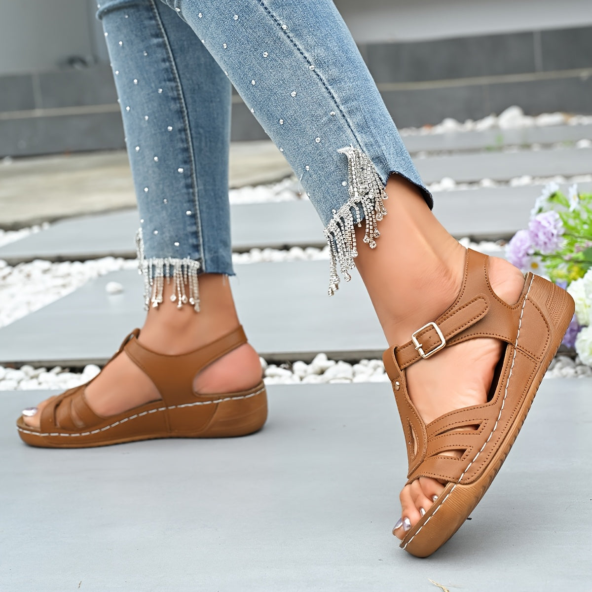 Women's Casual Summer Wedge Sandals - Open Toe, Faux Cover with Buckle Straps, Thick Rubber Sole, Brown, Comfortable for Outdoor Wear, Ladies Sandals