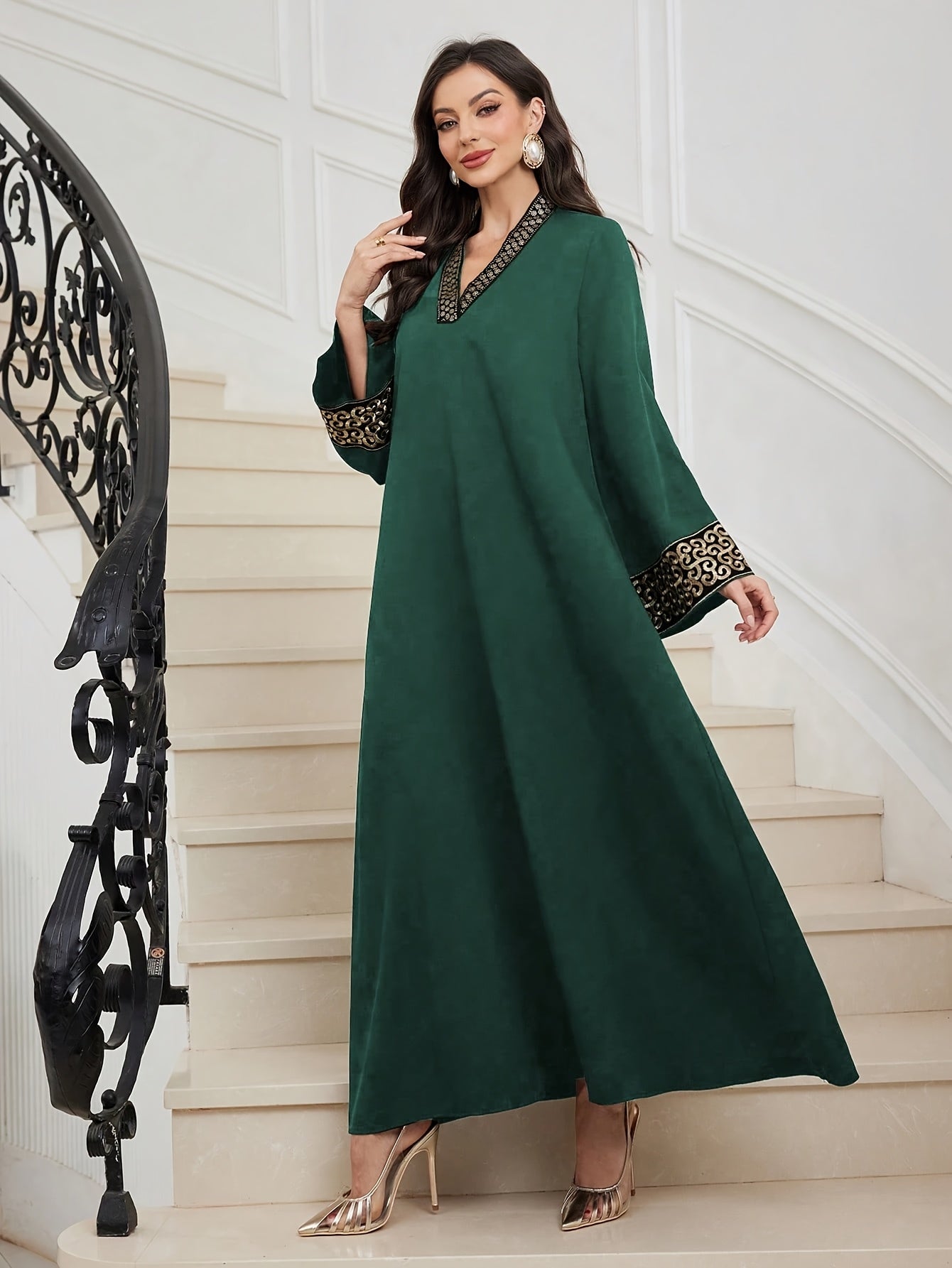 Elegant Black Abaya with Golden Embroidery - V-Neck, Waist-Cinching, Flared Sleeves, Perfect for Weddings, Parties, and Formal Events, Formal Event Attire|Vneck Abaya|Waistcinching Design, Abaya Dress