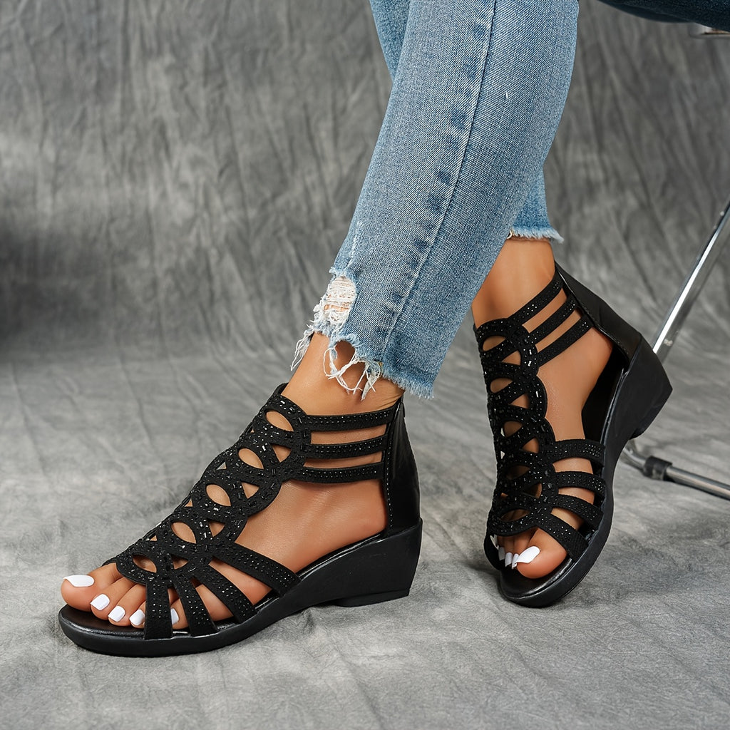 Women's Summer Roman Sandals - Thick Platform Mid-Heel with Adjustable Ankle Strap, Open-Toe Design & Breathable Faux Cover - Black & Burgundy Casual Outdoor Shoes, Chunky Heel Sandals