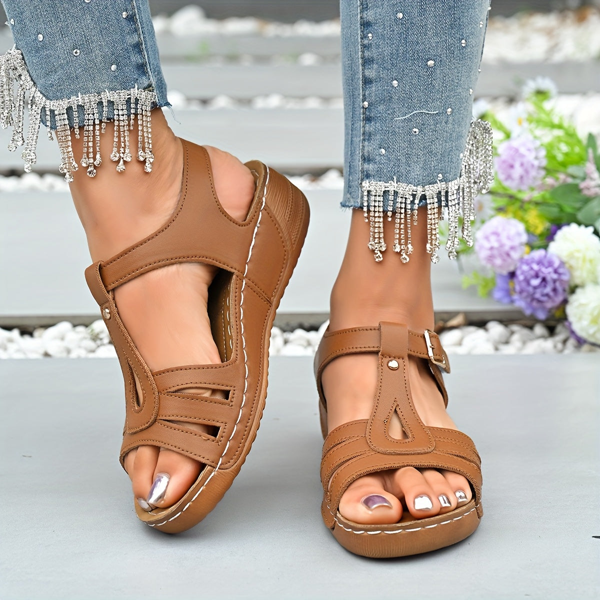 Women's Casual Summer Wedge Sandals - Open Toe, Faux Cover with Buckle Straps, Thick Rubber Sole, Brown, Comfortable for Outdoor Wear, Ladies Sandals